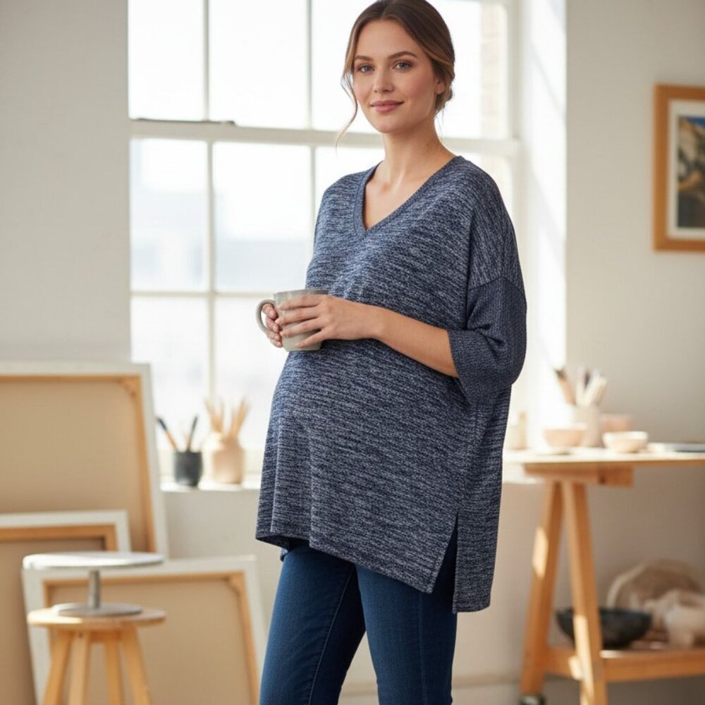 Gap Maternity Sweater M Medium Blue Striped V-Neck Knit Pullover Short Sleeve To